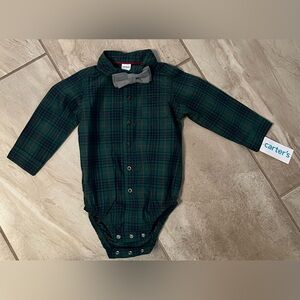 Carter's Green Plaid Onesie with Gray Bow Tie